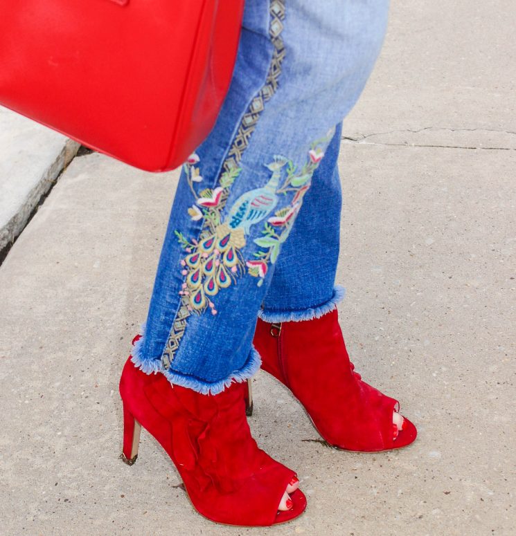 red booties, Johnny Was jeans, embodered jeans, Luxor Living and Style, red style, red shoes