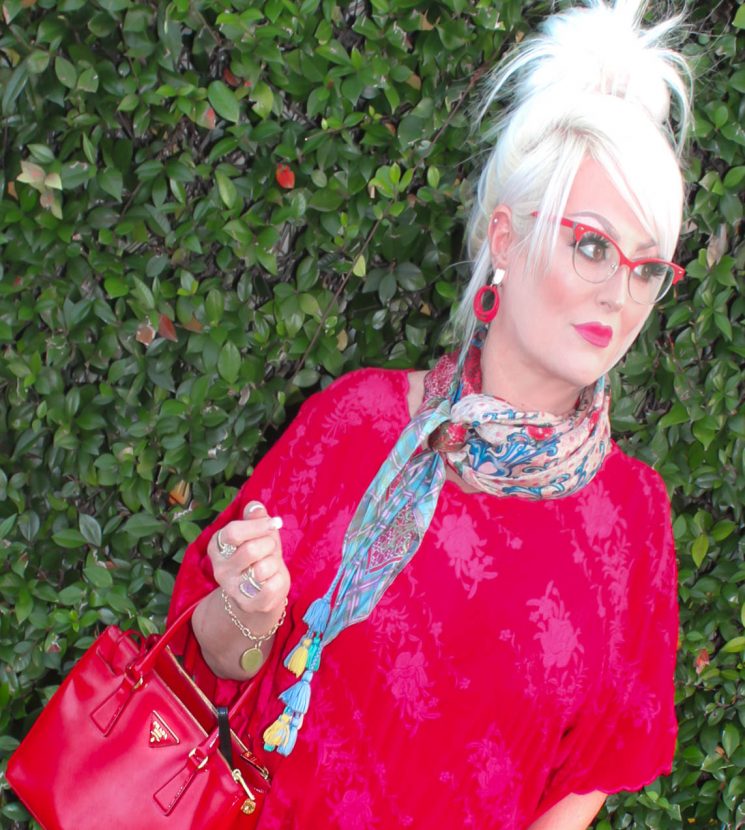 over 50 style, blog, bloggers, white blonde hair, America's Best glasses, Johnny Was scarf, Luxor Living and Stle, The Woodlands, Texas, silk, red glasses