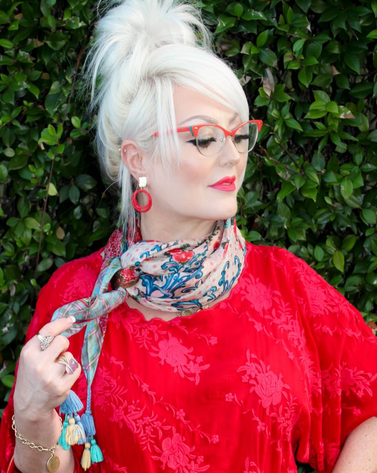 America's Best, glasses, red glasses, white blonde, over 50 style, Luxor living and style, blogger, over 50 blogger, red top, embroidery, Johnny Was scarf,