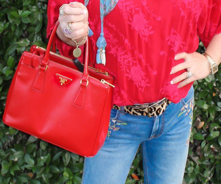 Prada bag, Johnny Was top, embrdery. Johnny Was jeans, embroidered jeans,