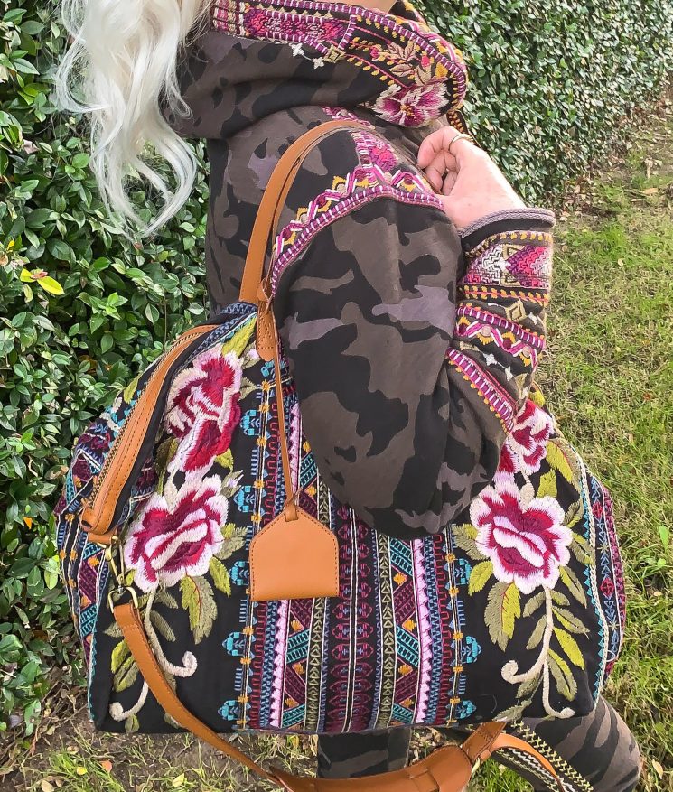 embroidered bag, weekender bag, Johnny Was The Woodlands, camoflage, embroidery, Luxor Living and Style, Houston blog, Houston bloggers, Top Houston bloggers, over 50 style, Stephanie Sjoberg, The Woodlands Waterway, Shop Market Street