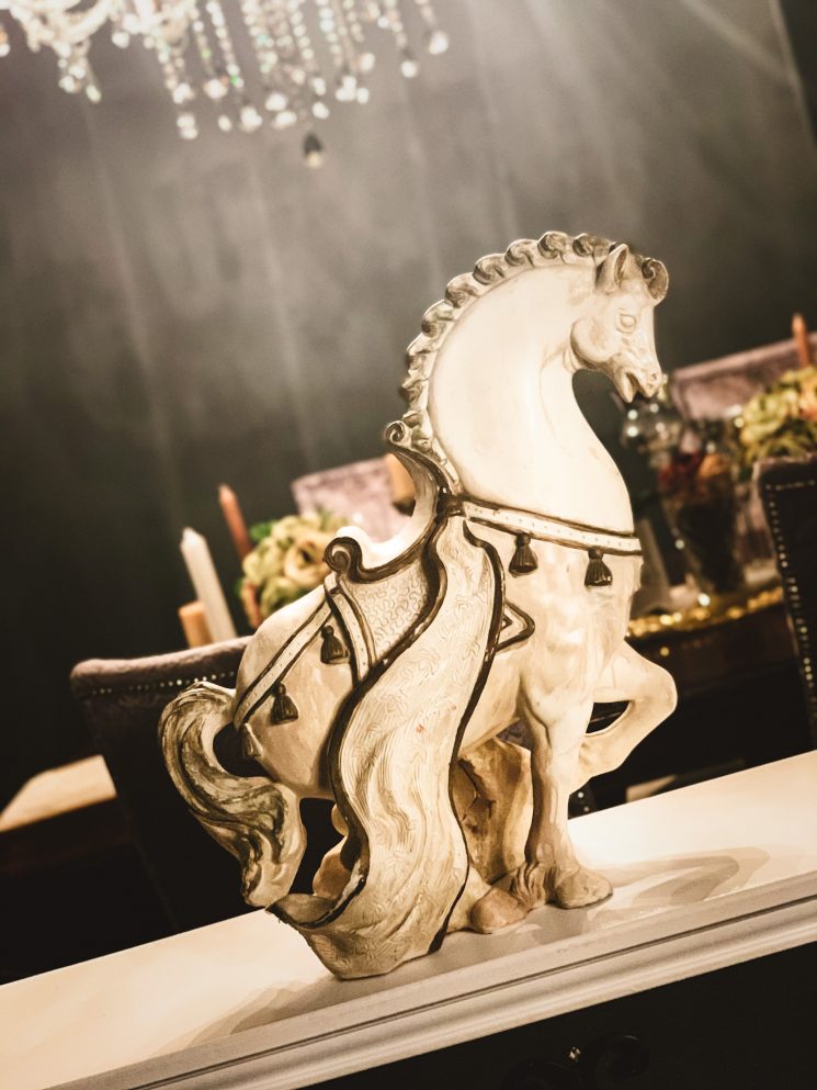 white horse, sculpture, glam, ming dynasty horse, art, horse art, Luxor Living and Style